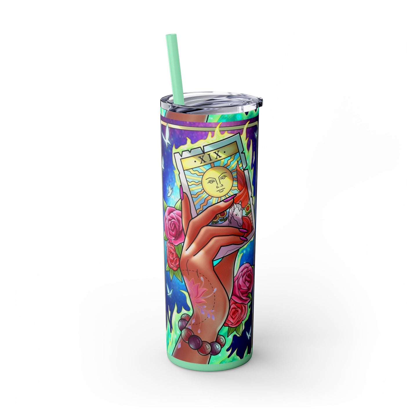 Vibrant Tattoo-Inspired Skinny Tumbler, 20oz | Custom Drinkware, Summer Hydration, Gift for Her, Eco-Friendly Beverage Cup, Festival Vibes