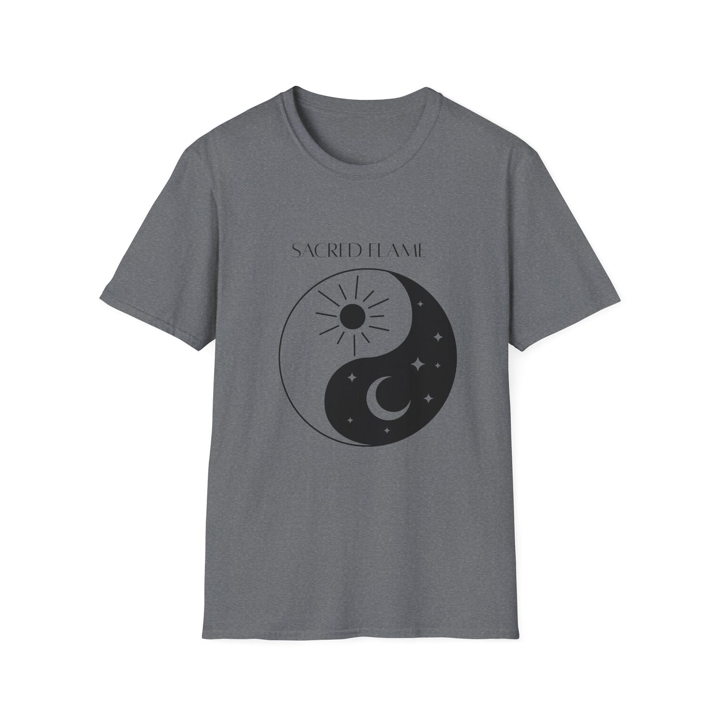 Sacred Flame Unisex Softstyle T-Shirt - Yin Yang Celestial Design, Boho Graphic Tee