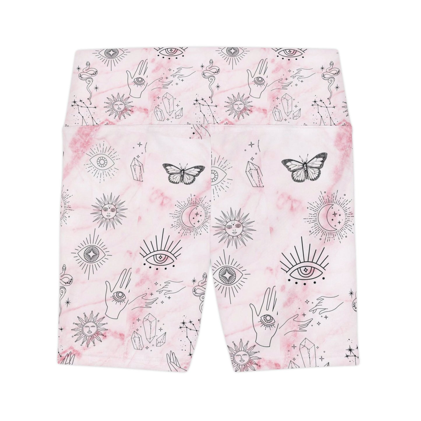 Boho Women's Workout Shorts - Pastel Pink Sun & Moon Print, Yoga, Gym, Festival, Activewear
