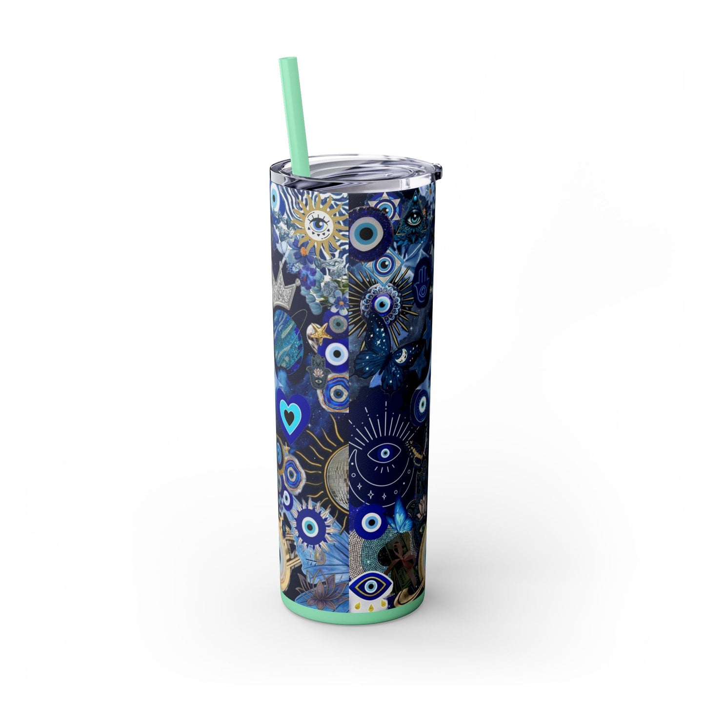Boho Evil Eye Skinny Tumbler, 20oz, Travel Mug, Gift for Her, Water Bottle, Blue Pattern, Home Decor, Stylish Drinkware