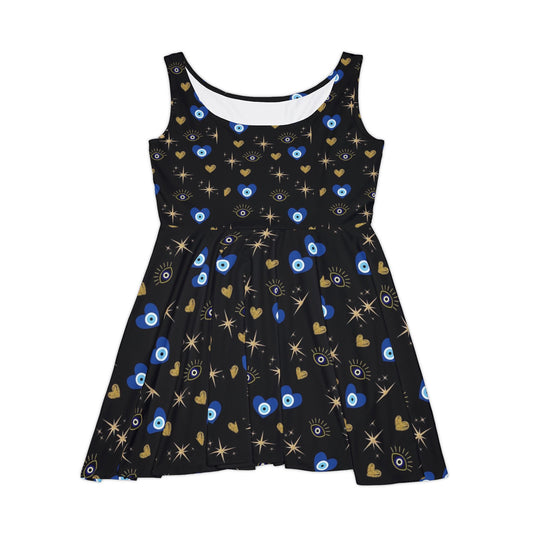 Chic Women's Skater Dress with Eye and Heart Pattern, Casual Dress for Festivals, Date Night, Beach Days, Summer Parties, Everyday Wear