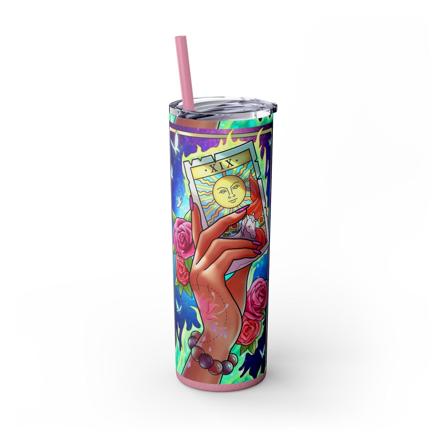 Vibrant Tattoo-Inspired Skinny Tumbler, 20oz | Custom Drinkware, Summer Hydration, Gift for Her, Eco-Friendly Beverage Cup, Festival Vibes