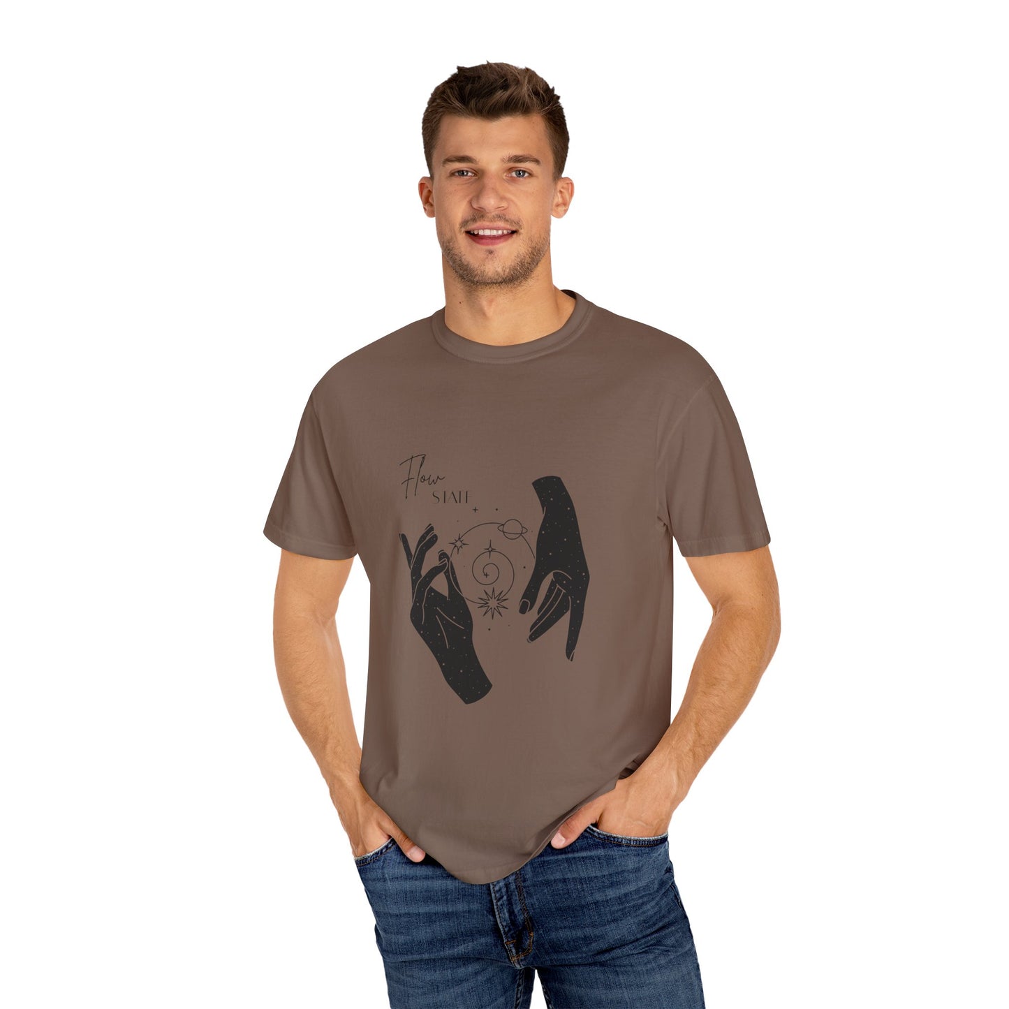 Cosmic Flow Unisex T-Shirt - Garment-Dyed with Celestial Hands Design