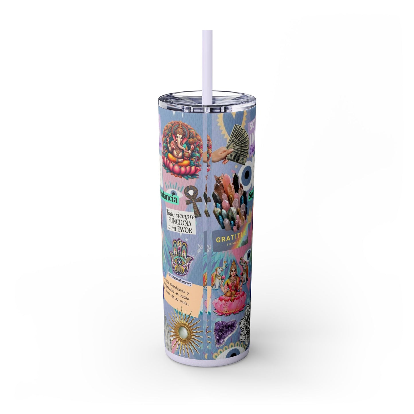Inspirational Skinny Tumbler, 20oz | Gratitude and Abundance Design | Travel Mug for Empowerment, Gifts, Meditation, Spirituality