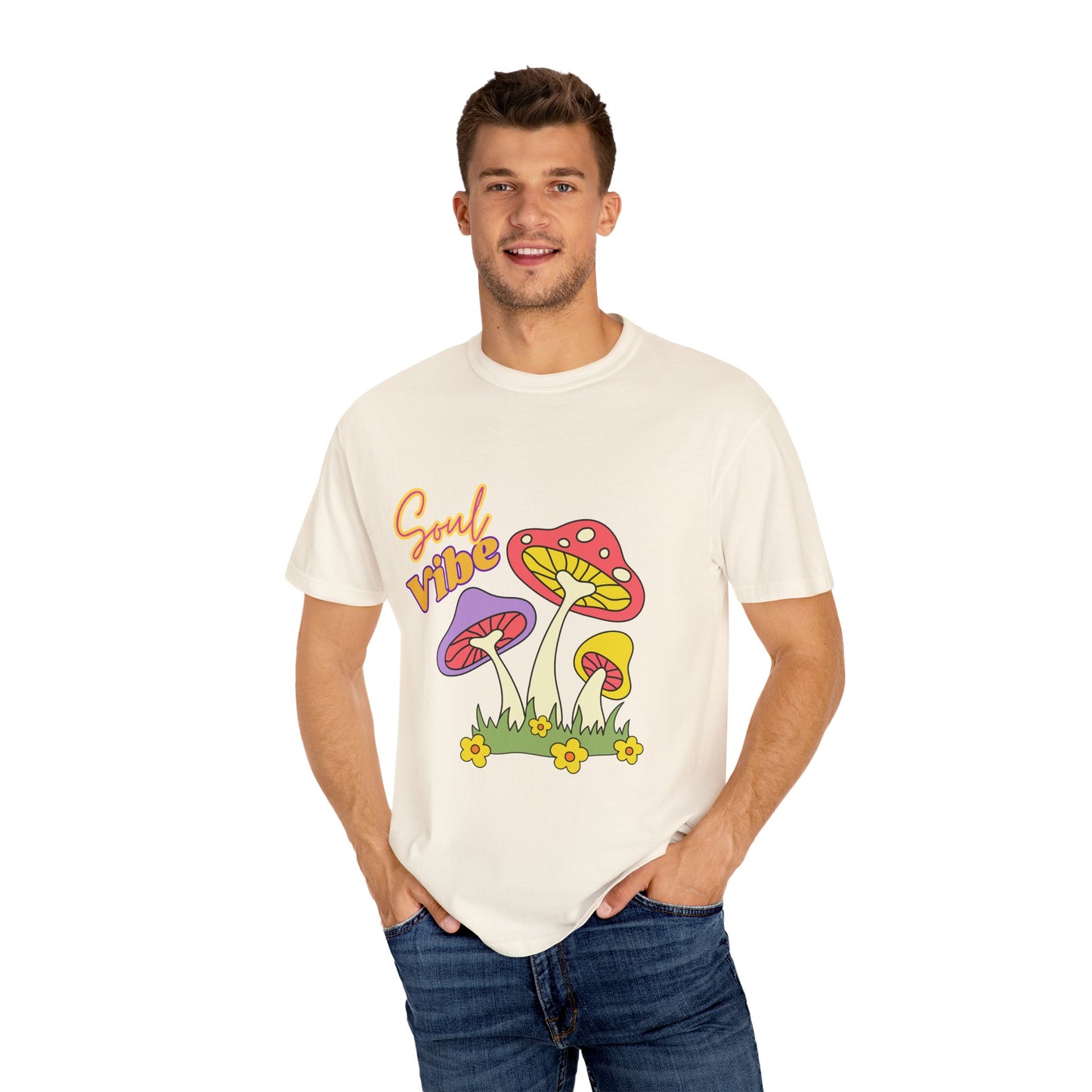 Soul Vibe Unisex Garment-Dyed T-Shirt - Colorful Mushroom Design for Summer Festivals