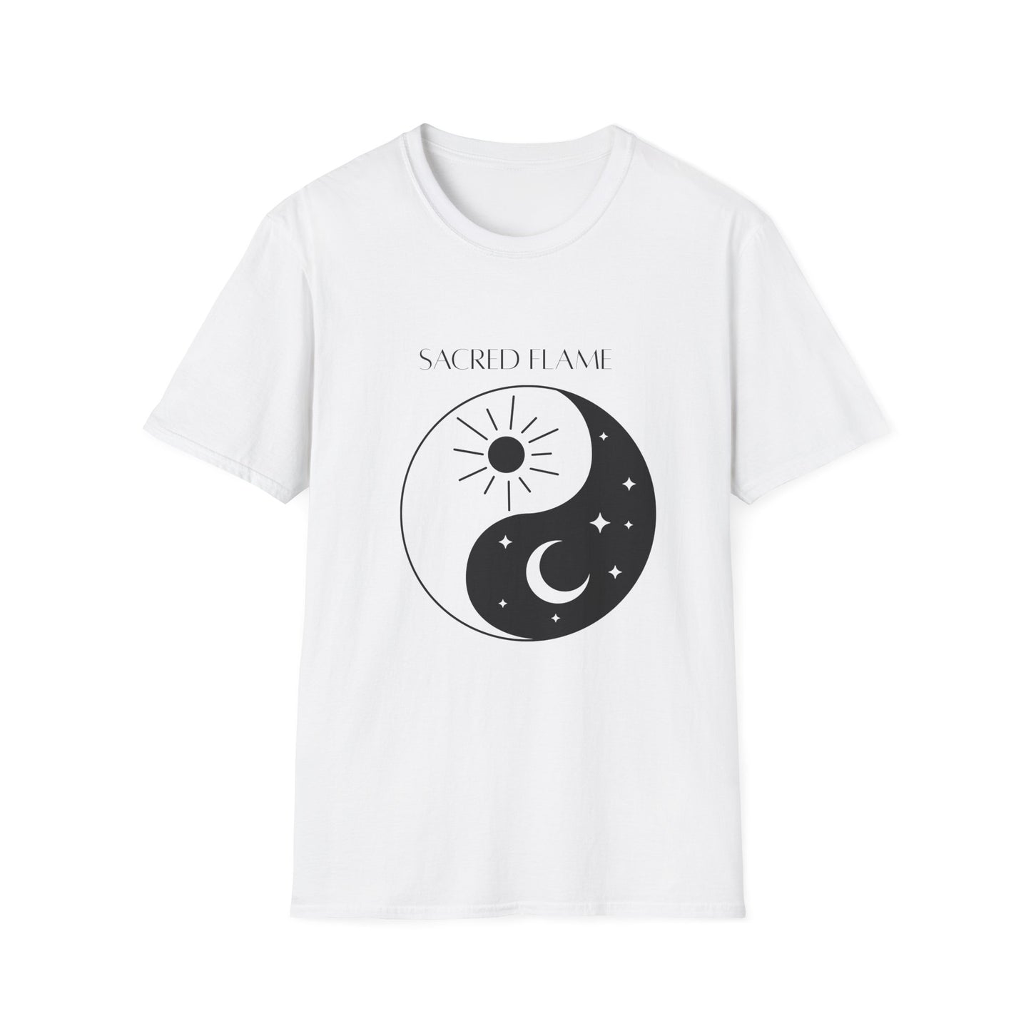 Sacred Flame Unisex Softstyle T-Shirt - Yin Yang Celestial Design, Boho Graphic Tee