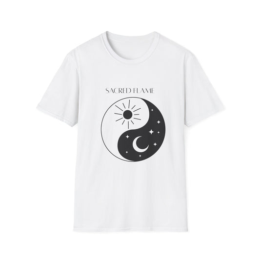 Sacred Flame Unisex Softstyle T-Shirt - Yin Yang Celestial Design, Boho Graphic Tee
