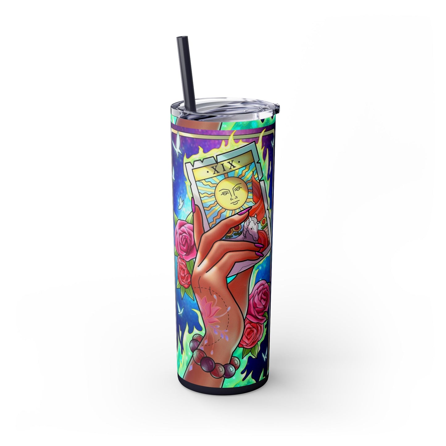 Vibrant Tattoo-Inspired Skinny Tumbler, 20oz | Custom Drinkware, Summer Hydration, Gift for Her, Eco-Friendly Beverage Cup, Festival Vibes