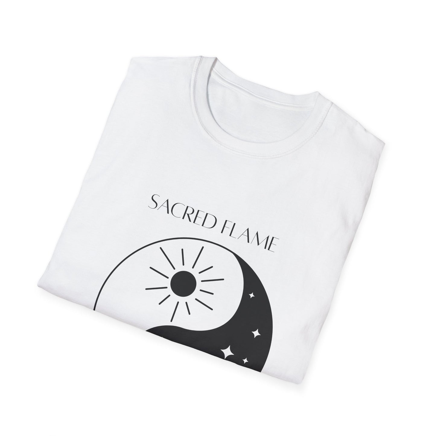 Sacred Flame Unisex Softstyle T-Shirt - Yin Yang Celestial Design, Boho Graphic Tee