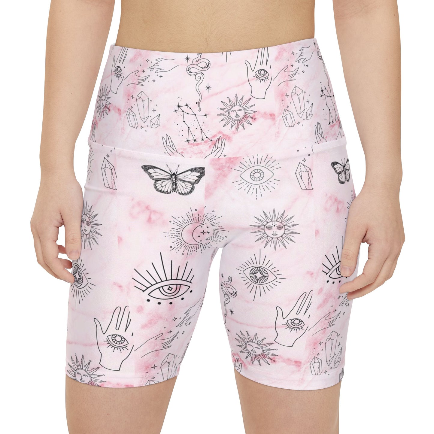 Boho Women's Workout Shorts - Pastel Pink Sun & Moon Print, Yoga, Gym, Festival, Activewear